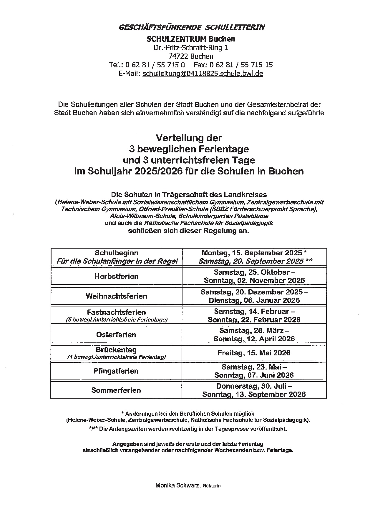 Ferienplan 2025 2026 Verteilung bewegl. Ferientage