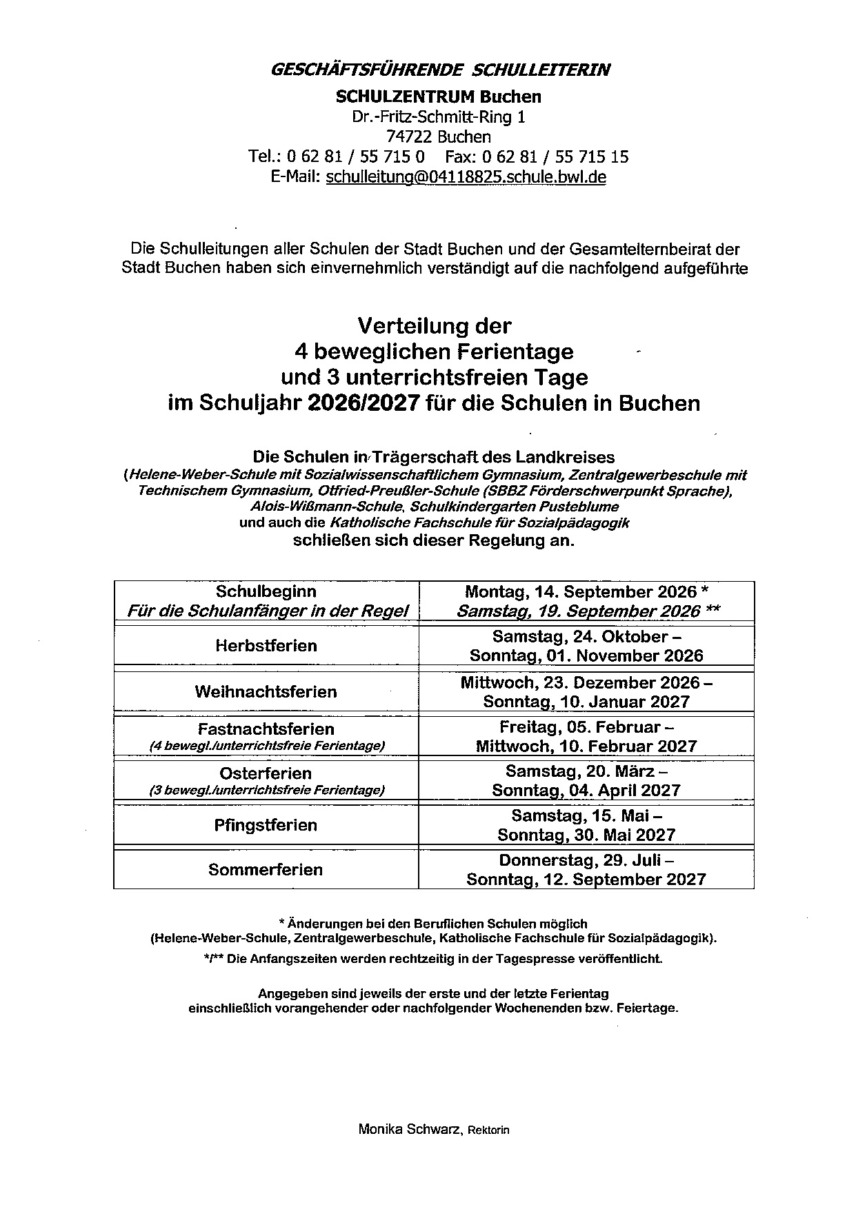 Ferienplan 2026 2027 Verteilung bewegl. Ferientage